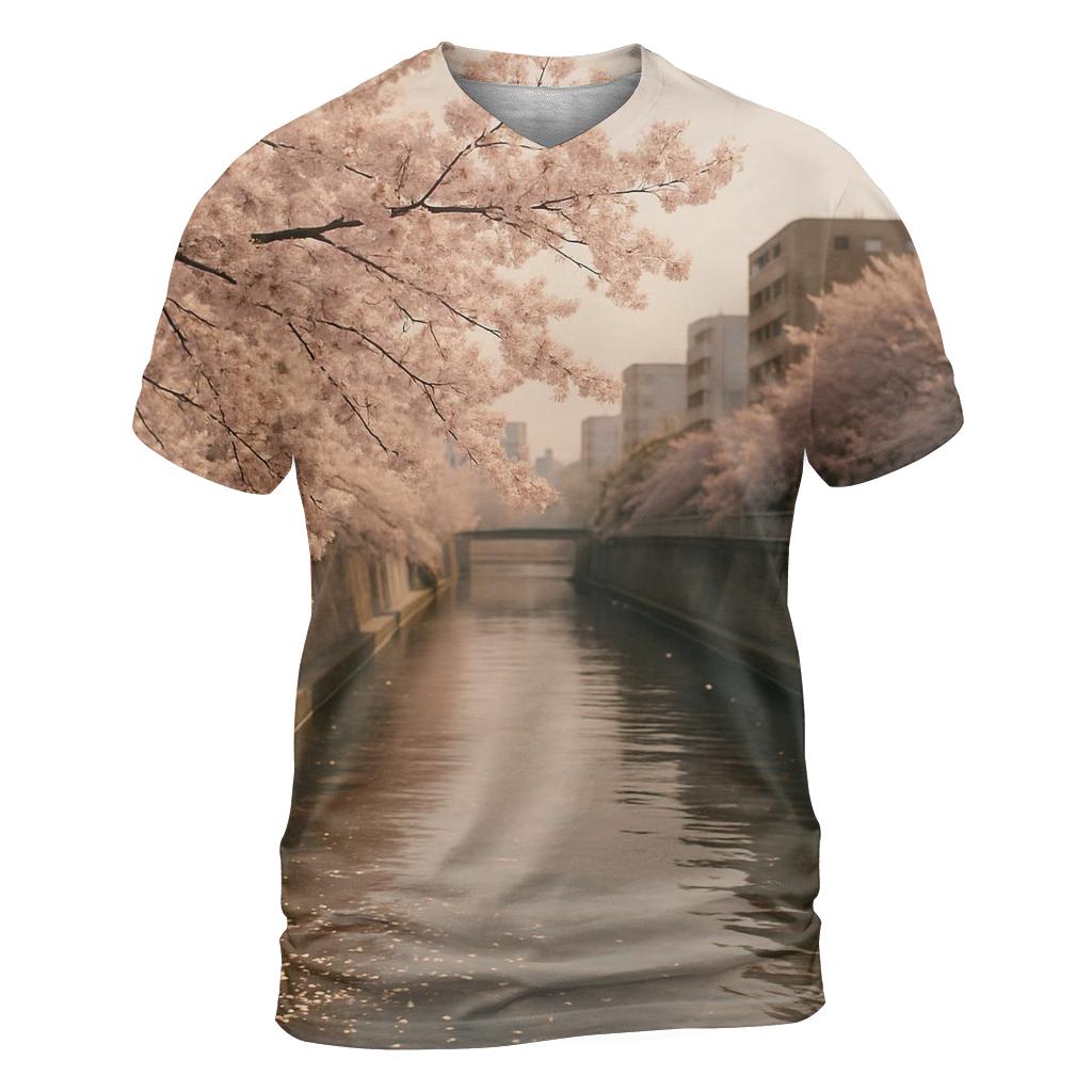 Cherry Blossoms Over Urban River Walk statement graphic shirts