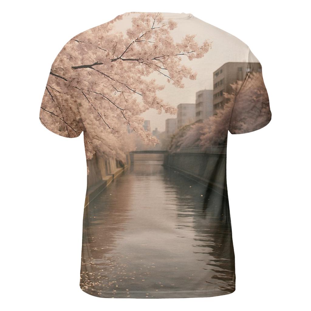 Cherry Blossoms Over Urban River Walk statement graphic shirts