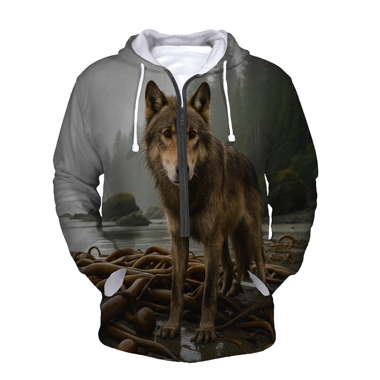 Coastal Rainforest Wolf On Kelp Shore hoodies fashion