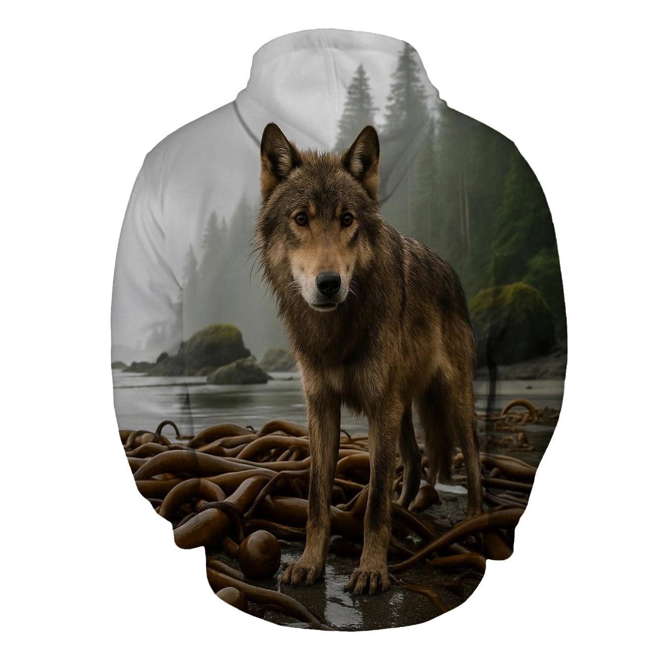 Coastal Rainforest Wolf On Kelp Shore hoodies fashion