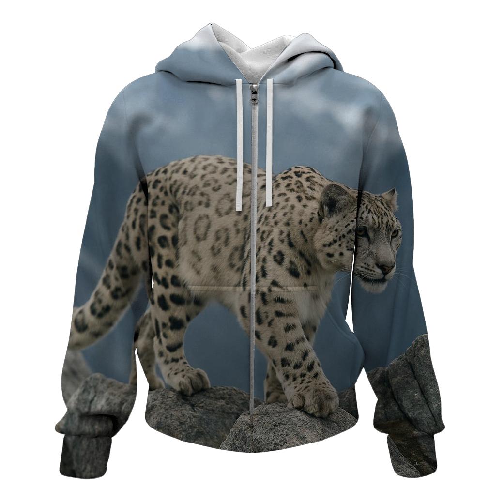 Snow Leopard On Granite Ridge printed hoodies