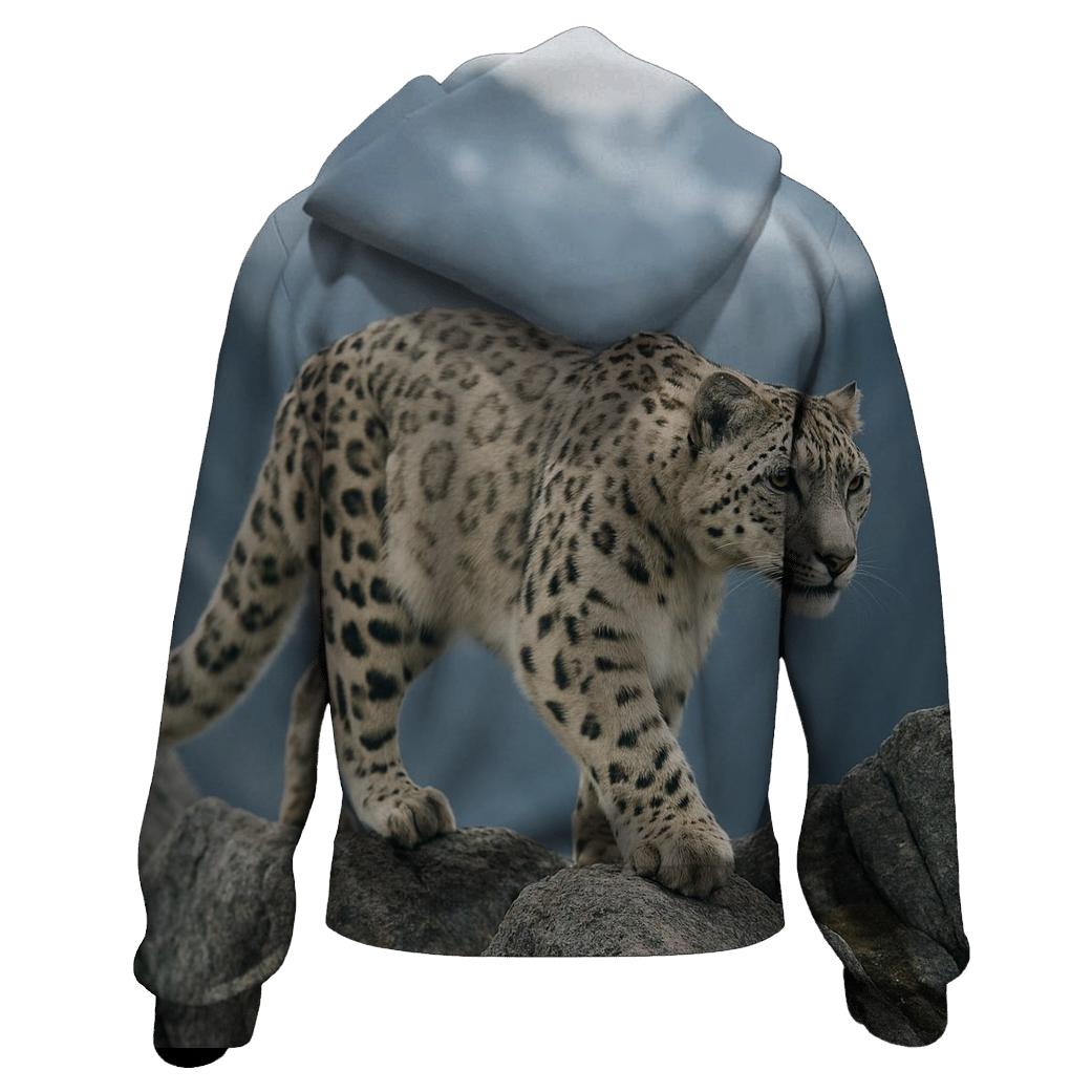 Snow Leopard On Granite Ridge printed hoodies