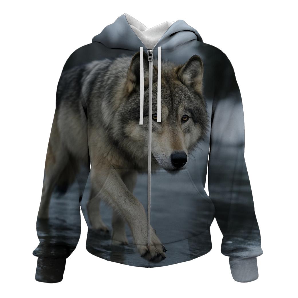 Grey Wolf Crossing Frozen River heavyweight hoodies