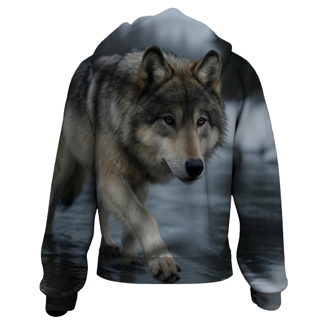 Grey Wolf Crossing Frozen River heavyweight hoodies