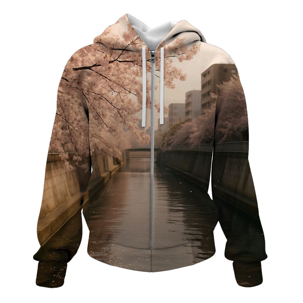 Cherry Blossoms Over Urban River Walk premium hoodies