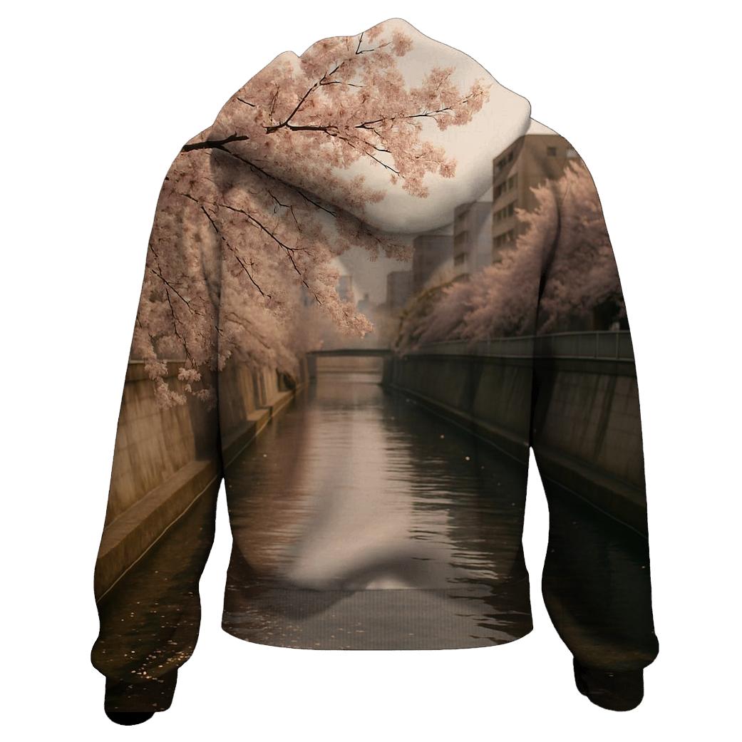 Cherry Blossoms Over Urban River Walk premium hoodies
