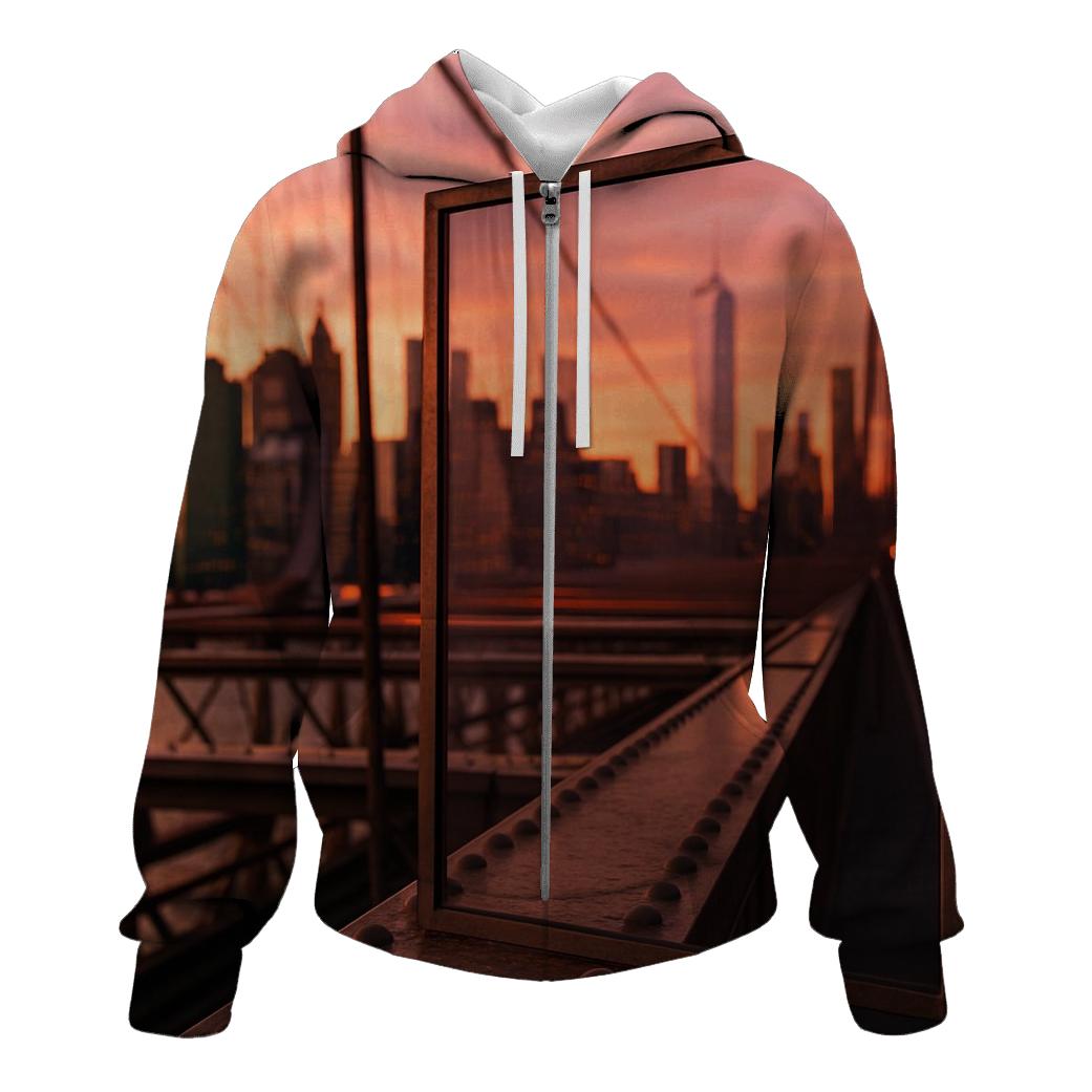 Sunset Reflections In Brooklyn Bridge Glass premium hoodies