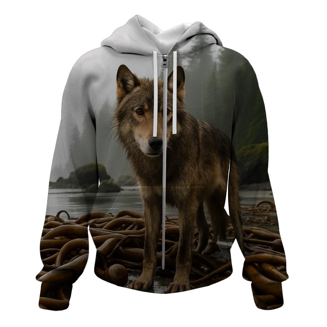 Coastal Rainforest Wolf On Kelp Shore hoodies fashion