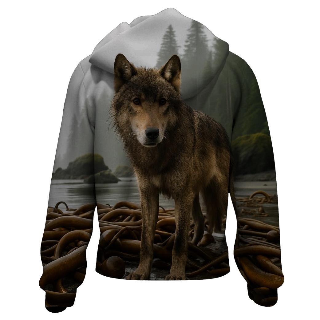 Coastal Rainforest Wolf On Kelp Shore hoodies fashion