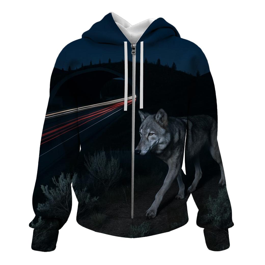 Highway Overpass Wolf At Night embroidered hoodies