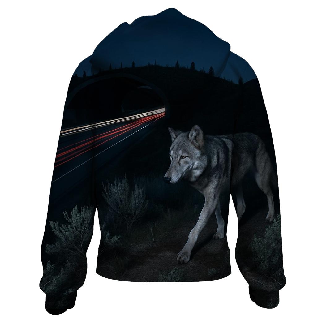 Highway Overpass Wolf At Night embroidered hoodies