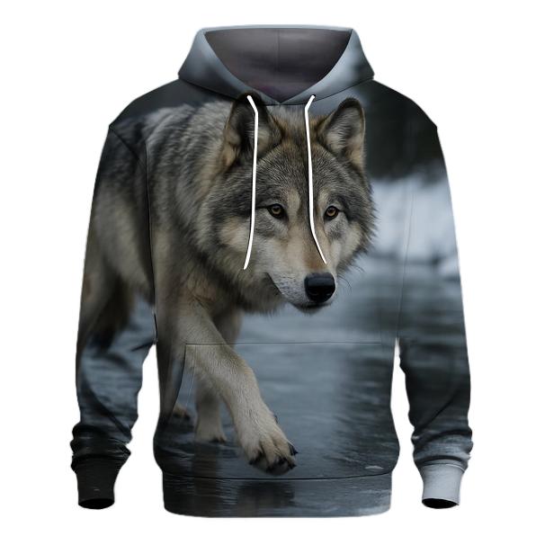 Grey Wolf Crossing Frozen River hoodies fashion