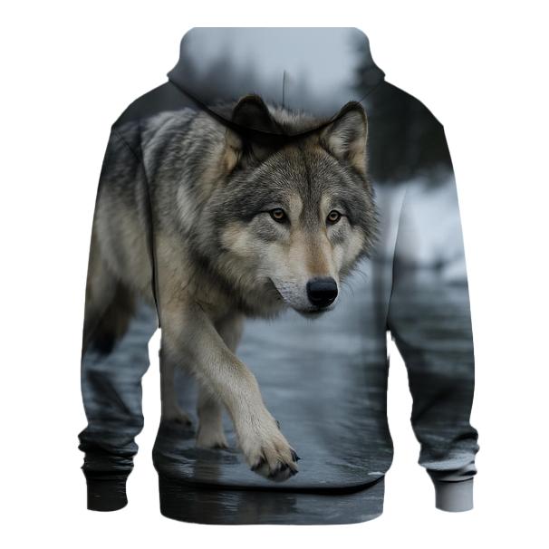 Grey Wolf Crossing Frozen River hoodies fashion