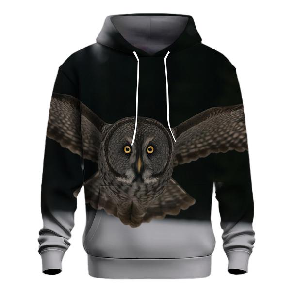 Great Gray Owl Over Snowfield designer hoodies