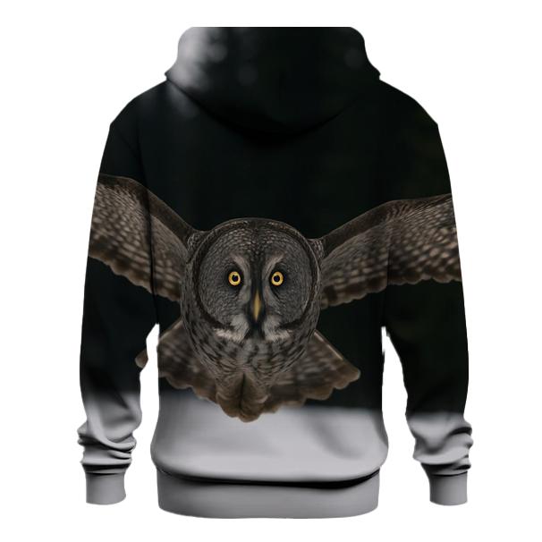 Great Gray Owl Over Snowfield designer hoodies