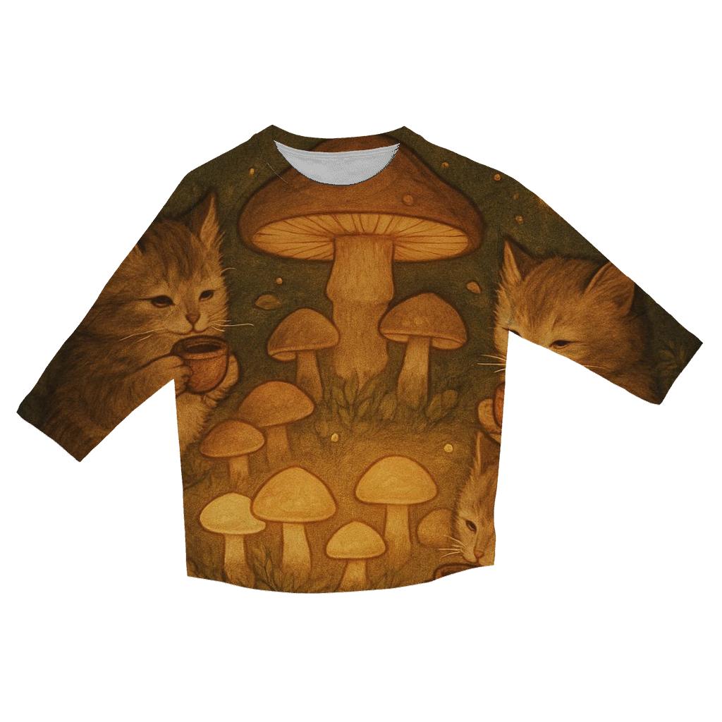 Forest Mushroom Tea Party Cats printed three quarter sleeve shirts