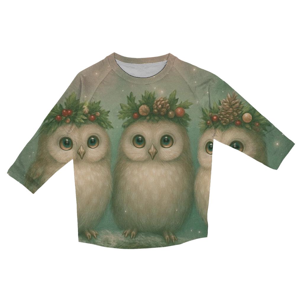 Starlight Forest Christmas Owls printed three quarter sleeve shirts