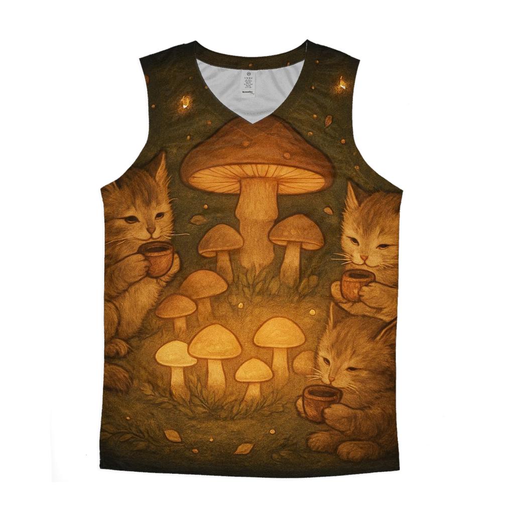 Forest Mushroom Tea Party Cats graphic print tank tops