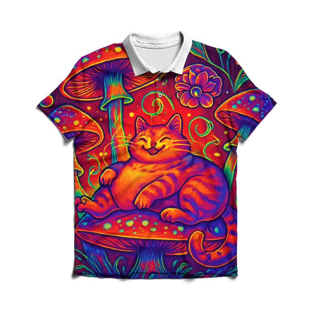 Psychedelic Mushroom Grove Cat designer slim fit polos
