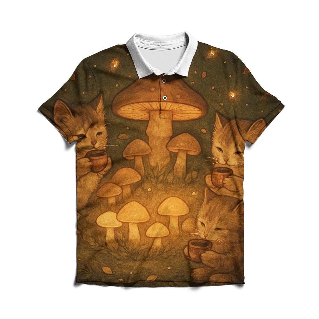 Forest Mushroom Tea Party Cats premium cotton polo shirts