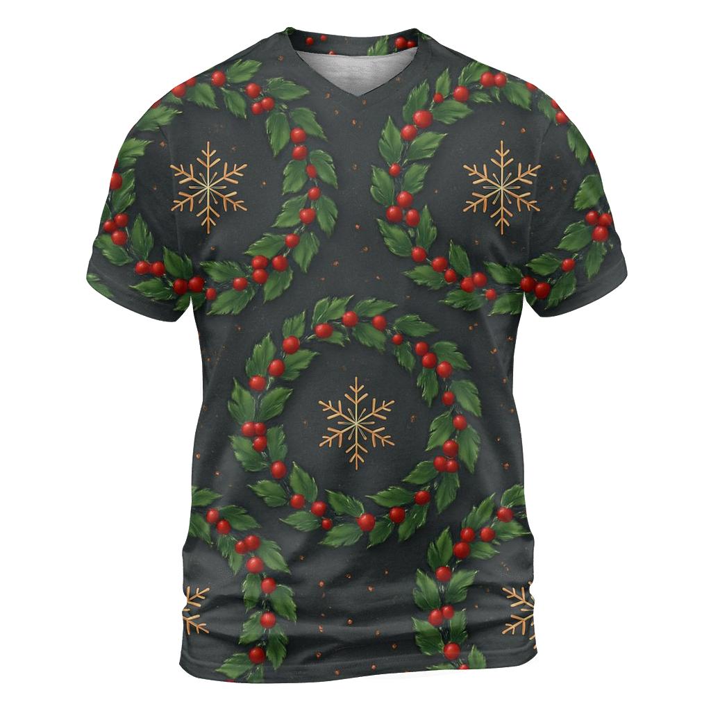 Holly Wreath Medallions On Charcoal Night statement graphic shirts