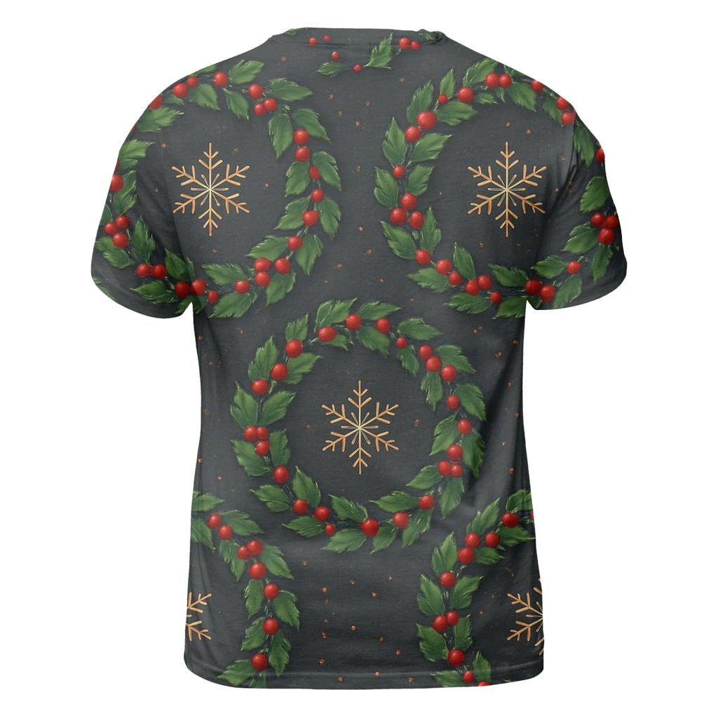Holly Wreath Medallions On Charcoal Night statement graphic shirts