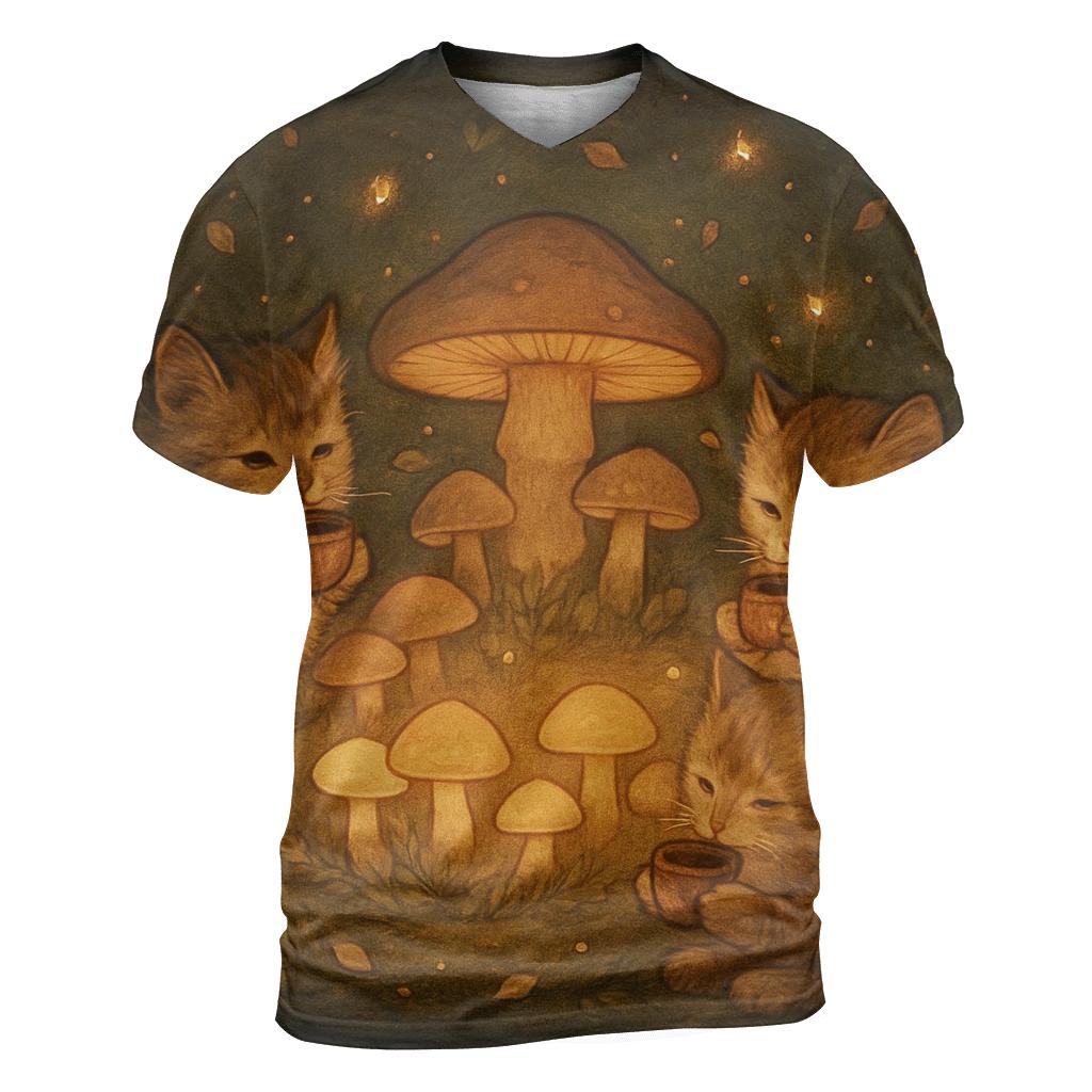 Forest Mushroom Tea Party Cats vibrant all-over design tees