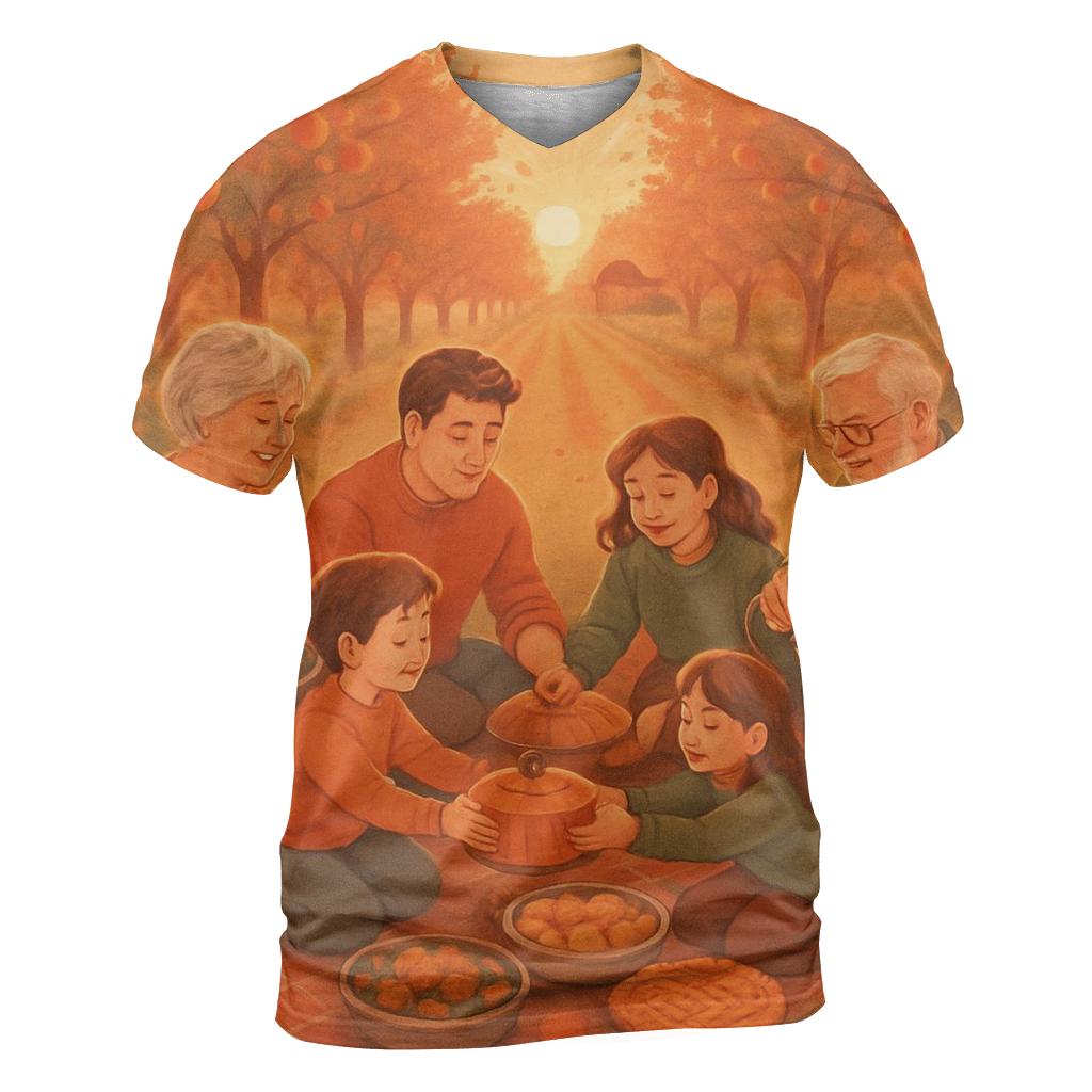 Sunset Orchard Family Picnic Giving Thanks vibrant all-over design tees