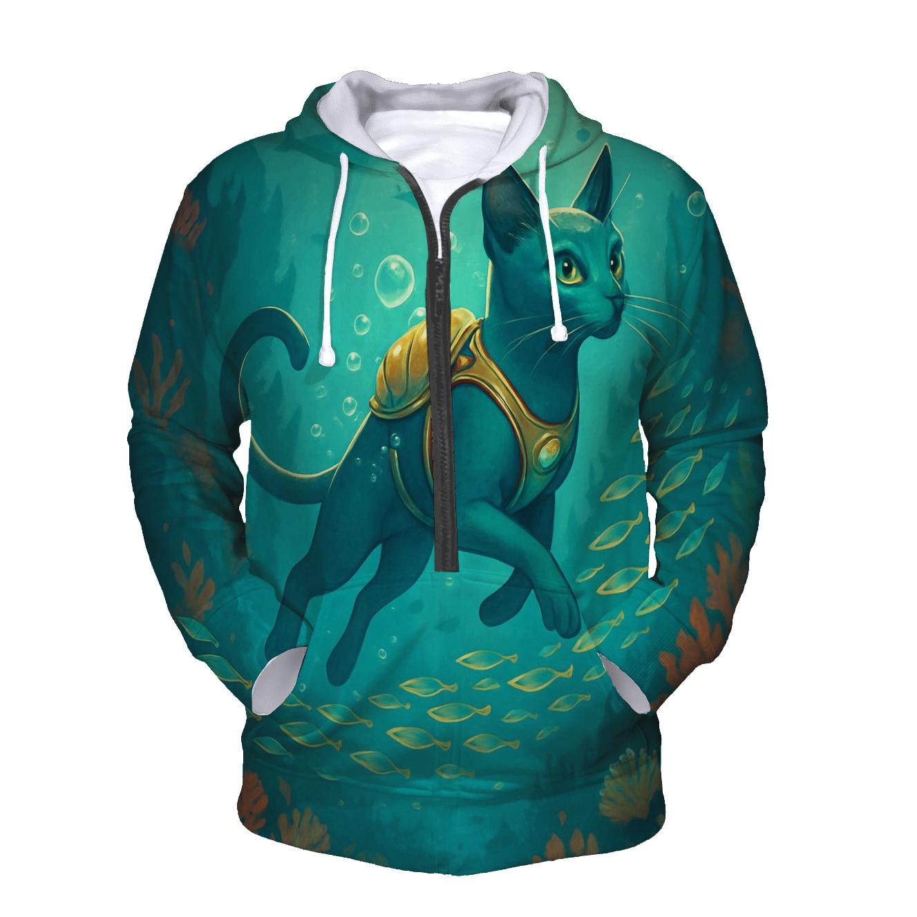 Tidal Coral Reef Diver Cat designer hoodies