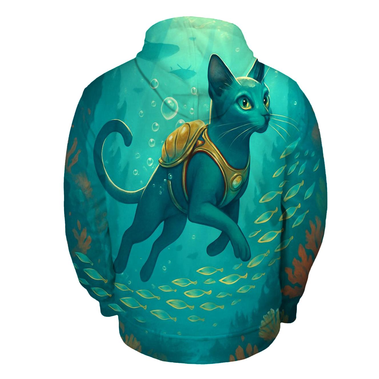 Tidal Coral Reef Diver Cat designer hoodies