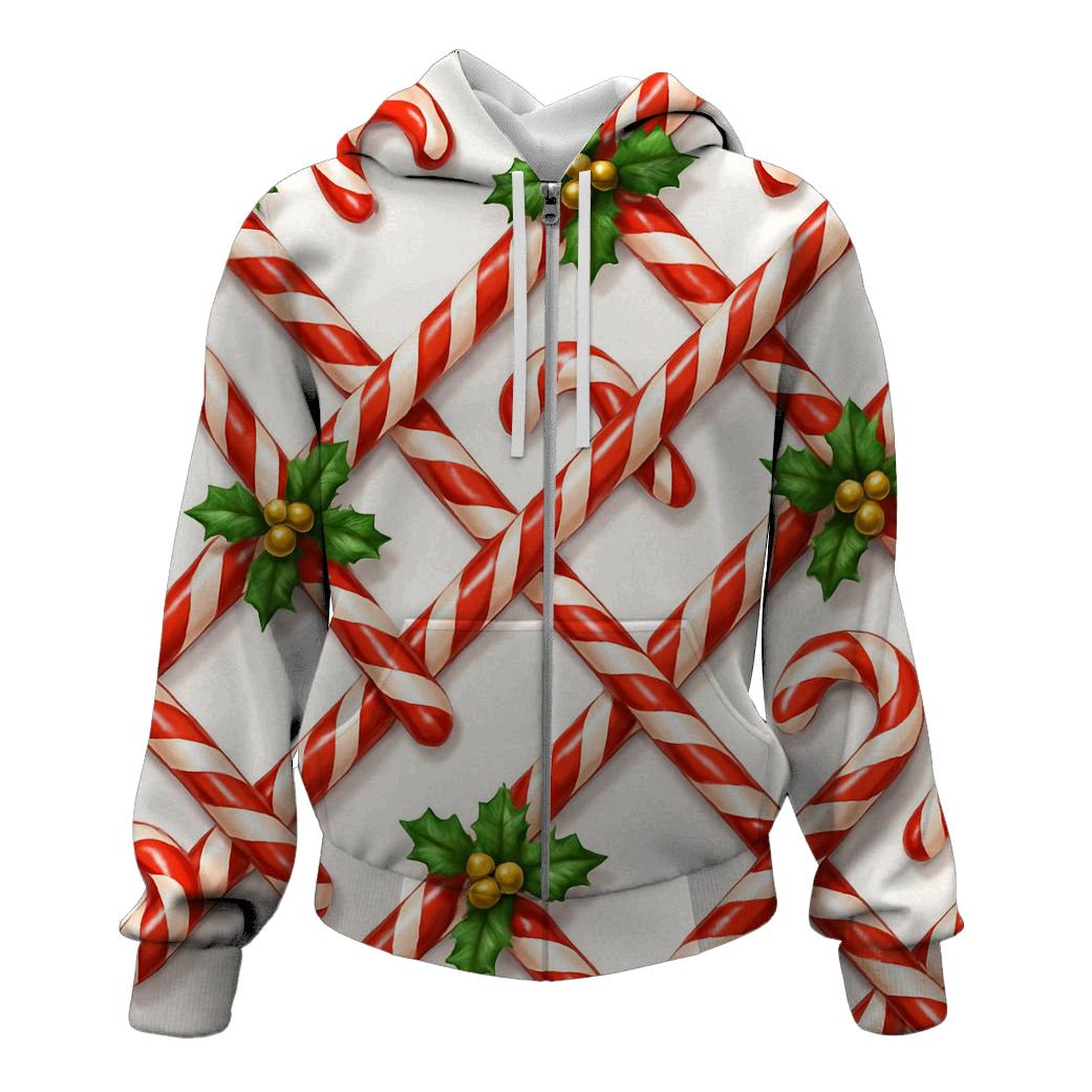 Crimson Candy Cane Lattice On Snow White embroidered hoodies