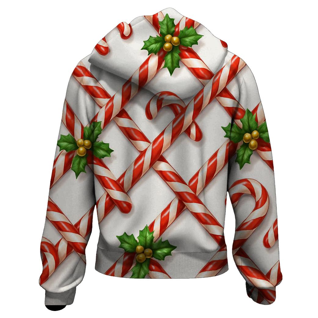 Crimson Candy Cane Lattice On Snow White embroidered hoodies