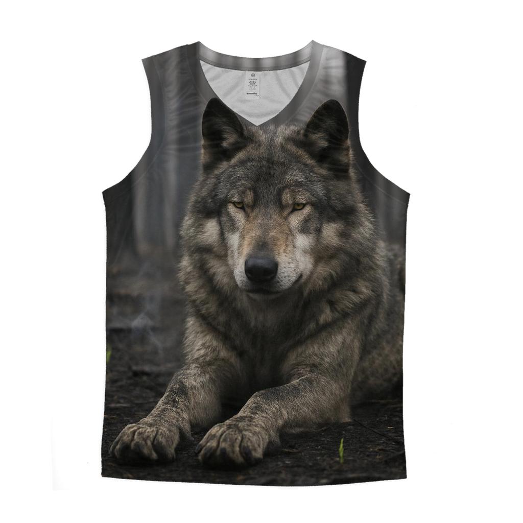 Resting Wolf On Charred Forest Floor sports performance tank tops