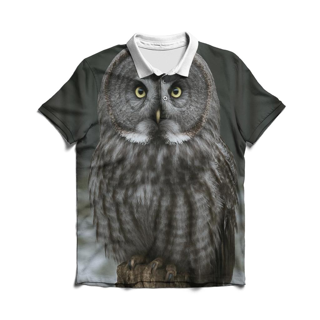 Great Gray Owl On Boreal Snag premium cotton polo shirts