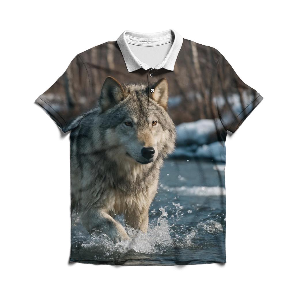 River Crossing Wolf In Spring Thaw casual sports polo shirts