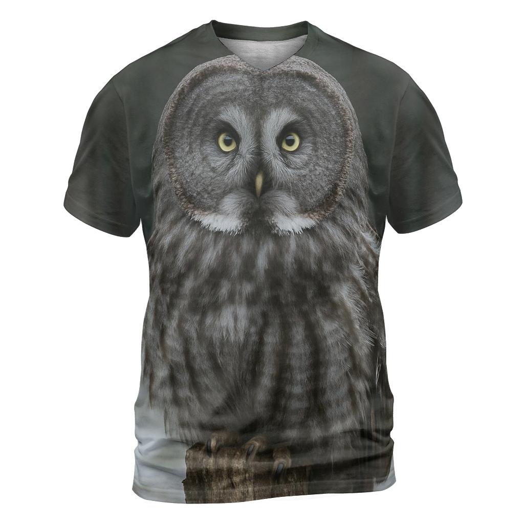 Great Gray Owl On Boreal Snag vibrant all-over design tees