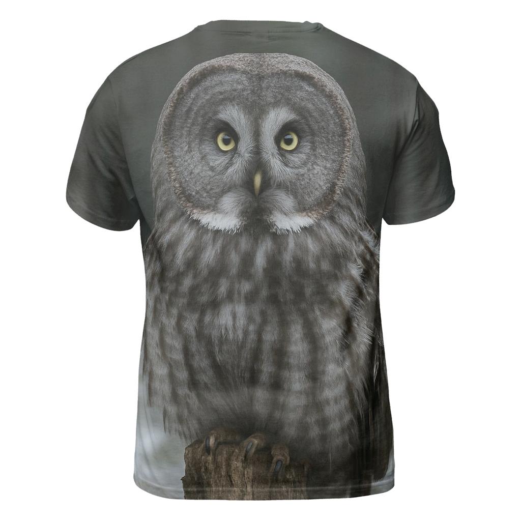 Great Gray Owl On Boreal Snag vibrant all-over design tees