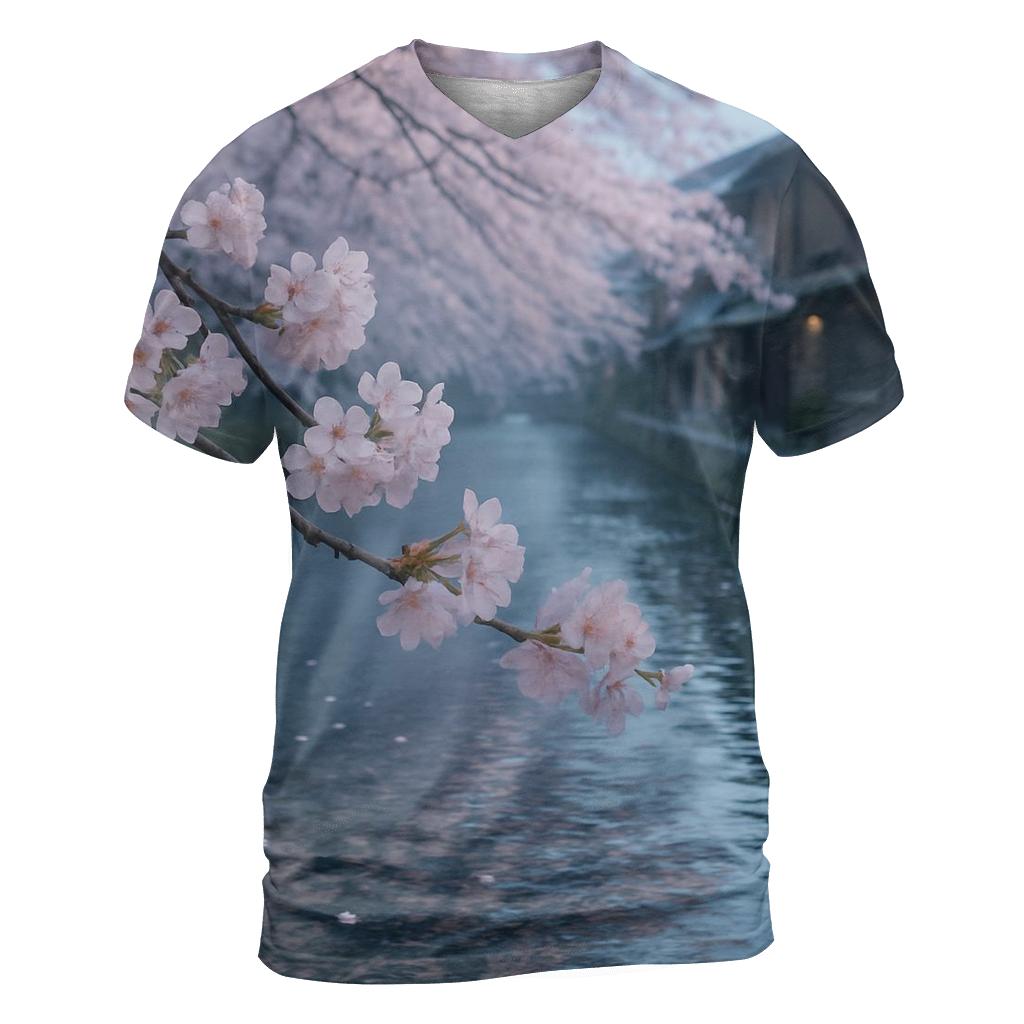 Cherry Blossoms Reflected In Canal Water trendy printed shirt styles