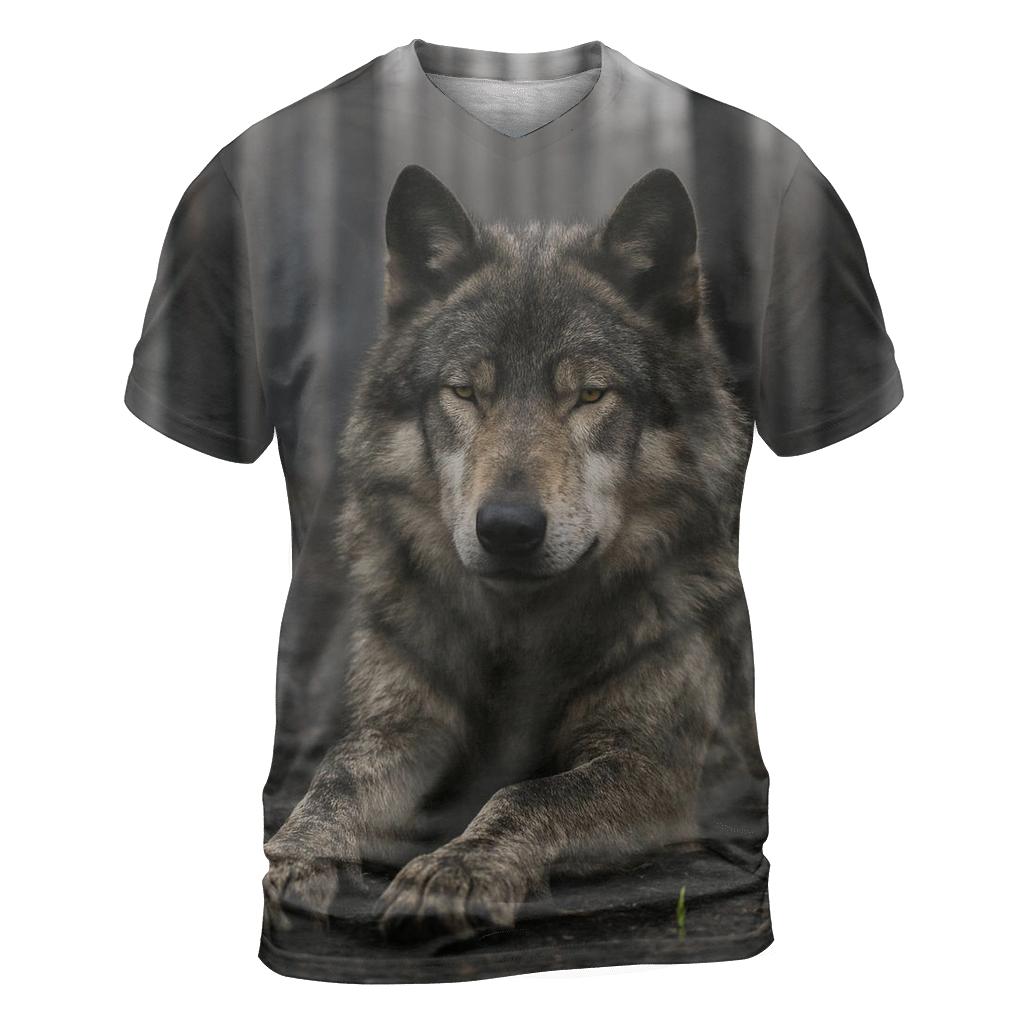 Resting Wolf On Charred Forest Floor artistic all-over print tops