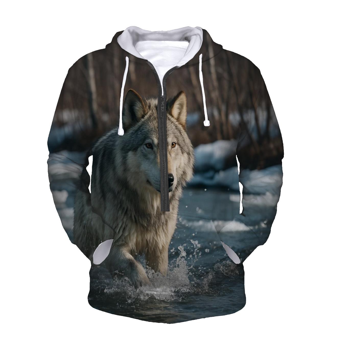 River Crossing Wolf In Spring Thaw graphic hoodies