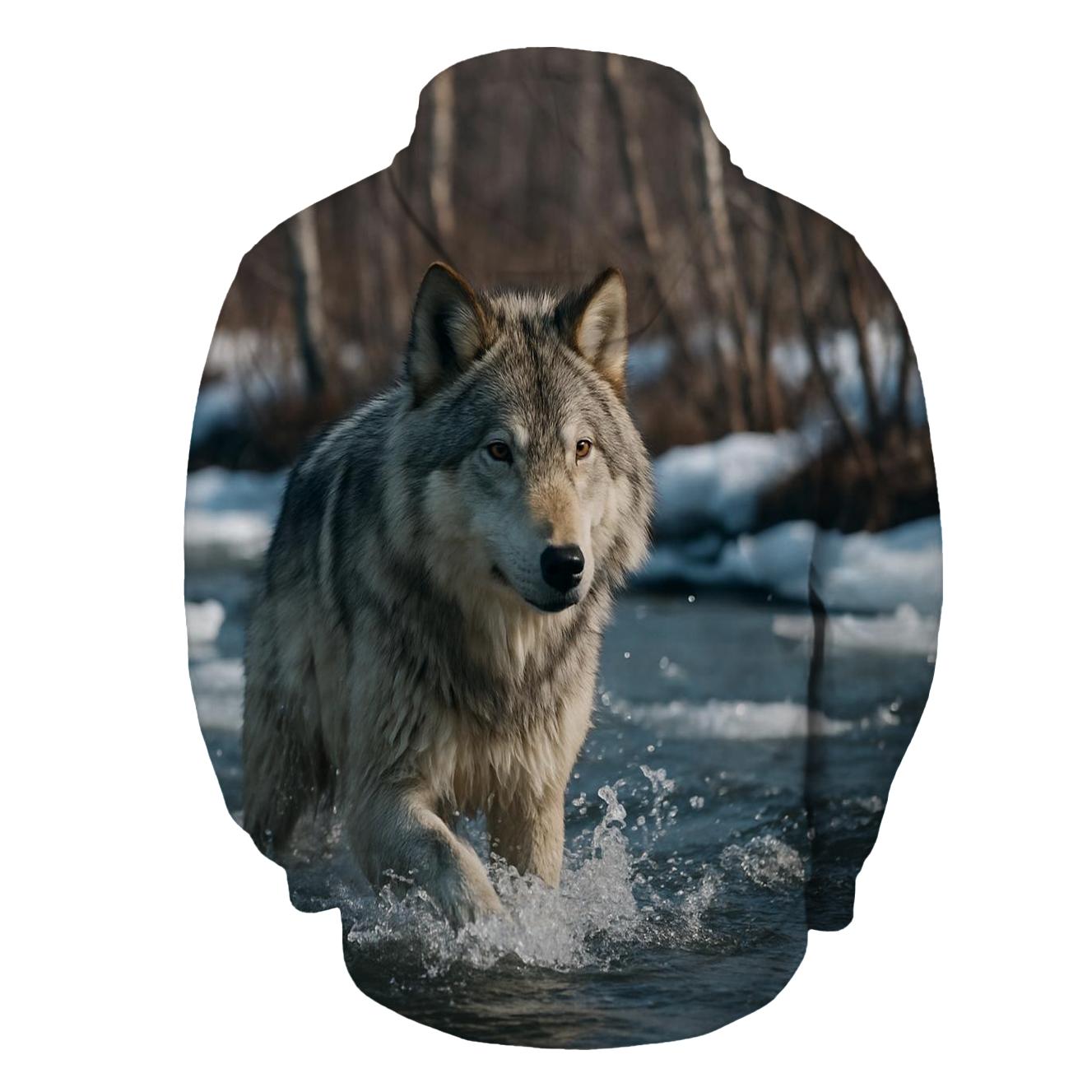 River Crossing Wolf In Spring Thaw graphic hoodies