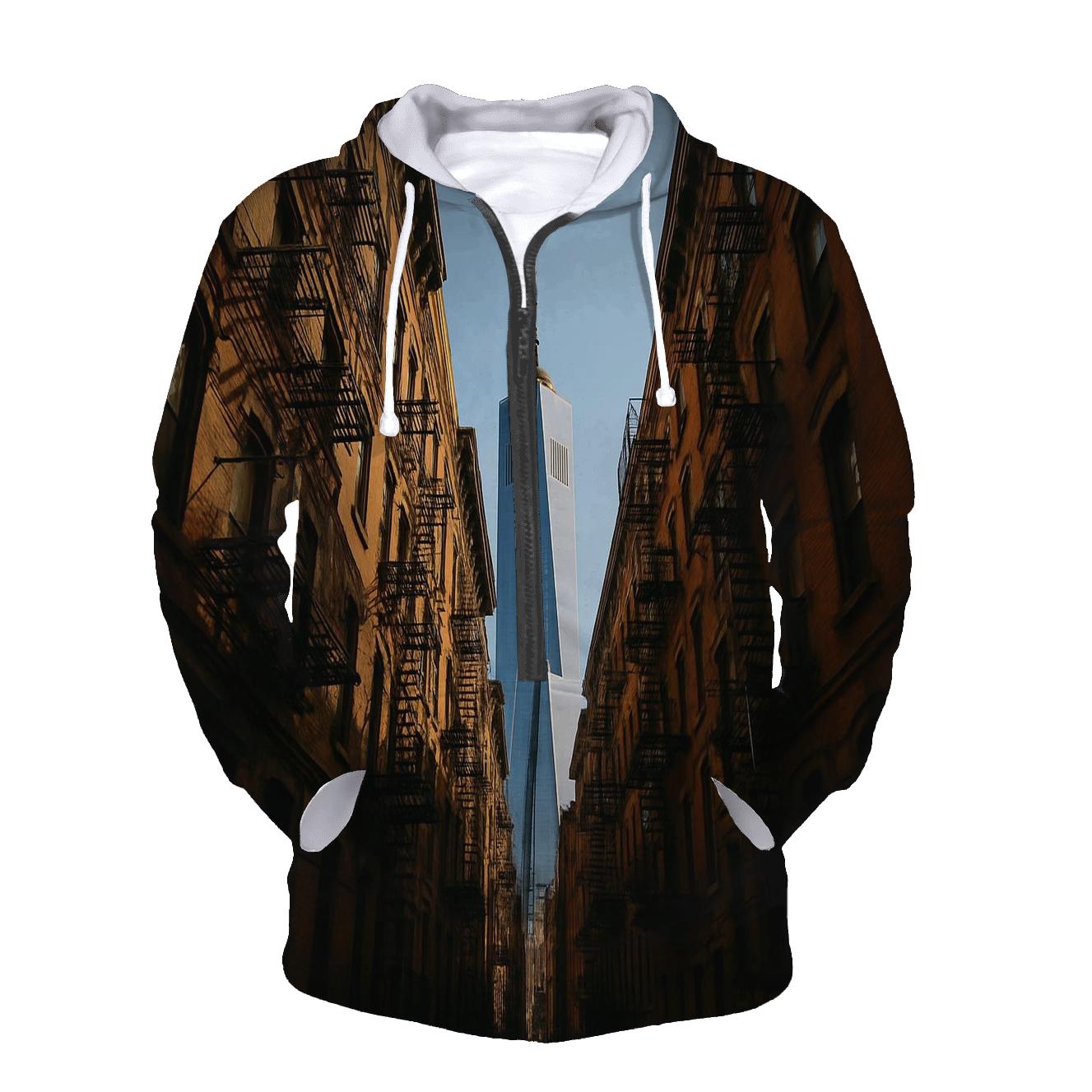 Lower East Side Tenement Canyon With Skyline Slice printed hoodies