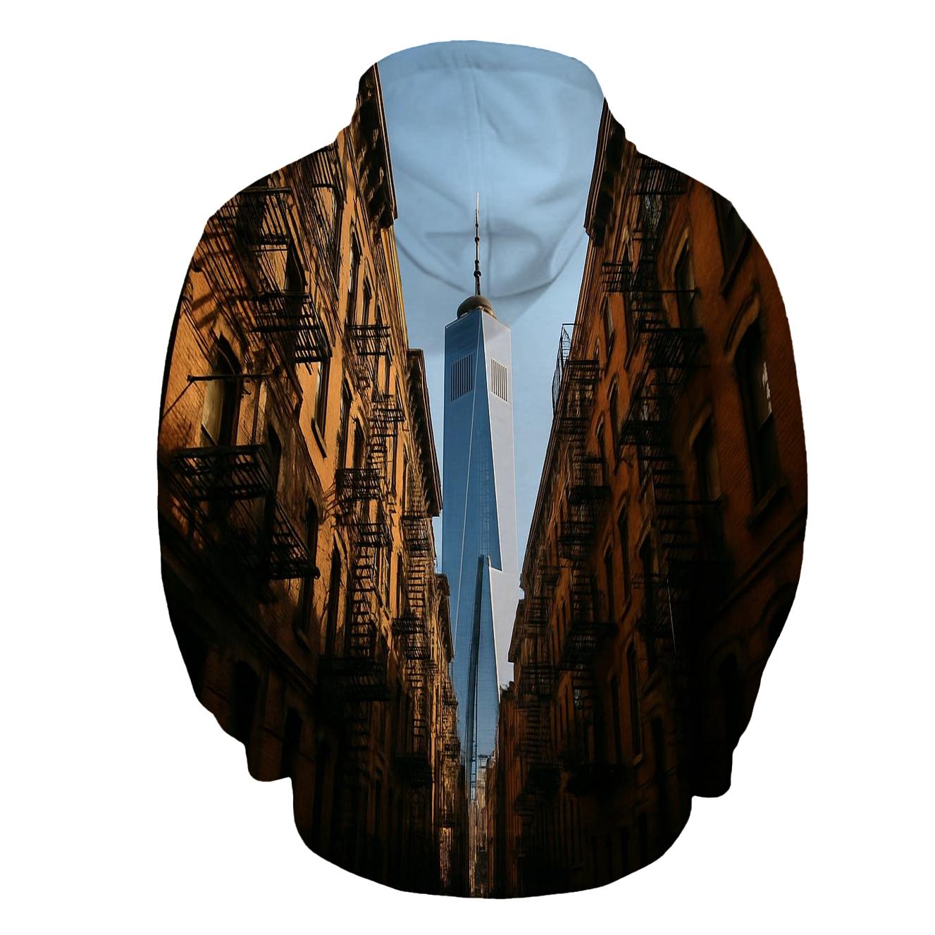 Lower East Side Tenement Canyon With Skyline Slice printed hoodies