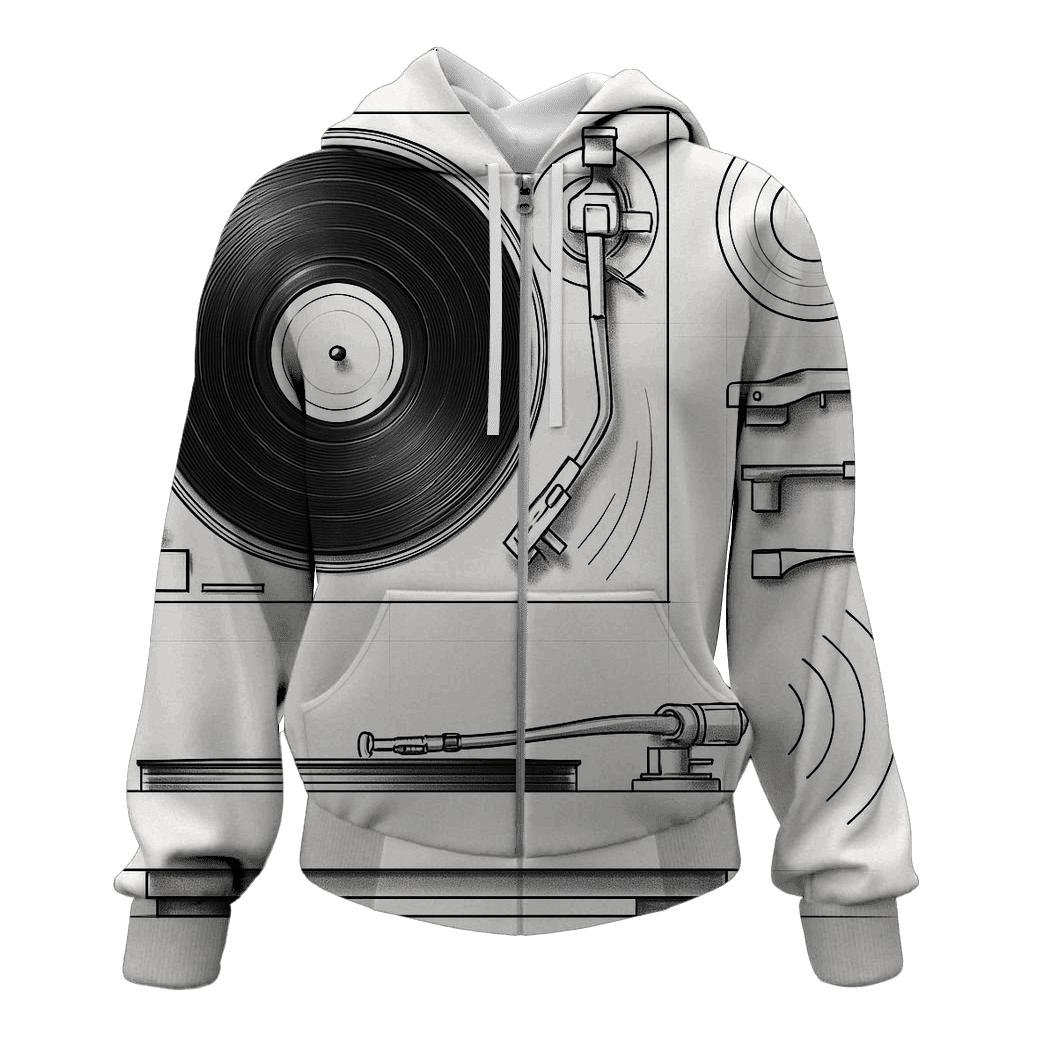 Monochrome Turntable Blueprint printed hoodies