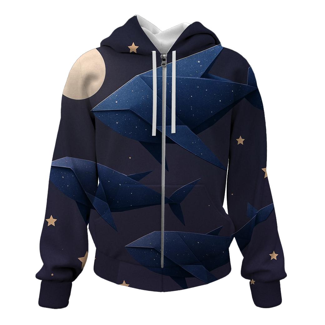 Cosmic Origami Whales embroidered hoodies