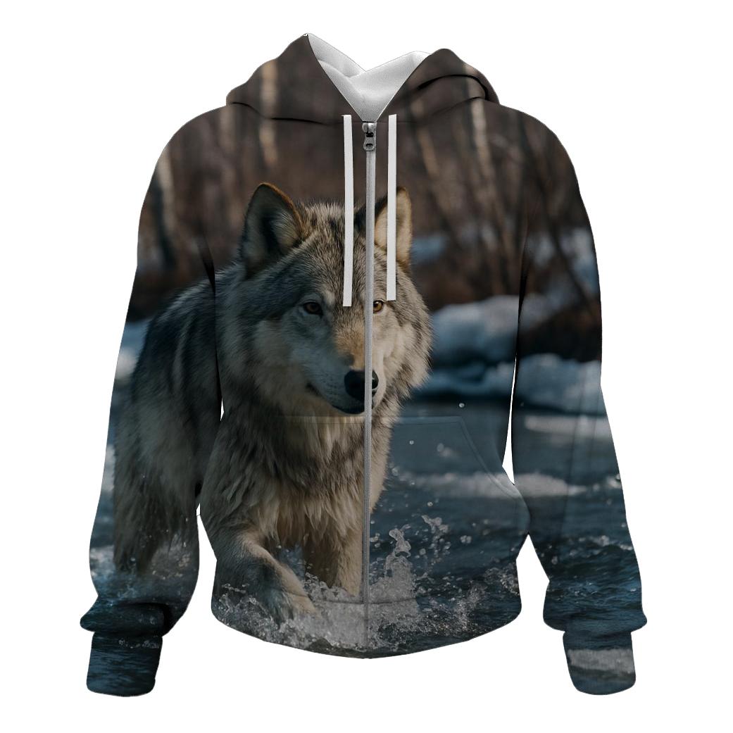 River Crossing Wolf In Spring Thaw zip-up hoodies