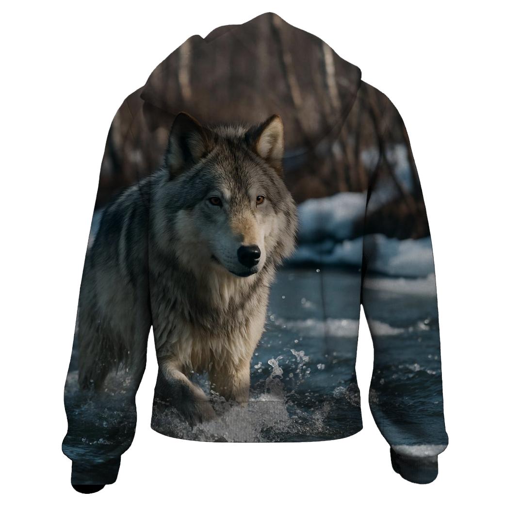 River Crossing Wolf In Spring Thaw zip-up hoodies