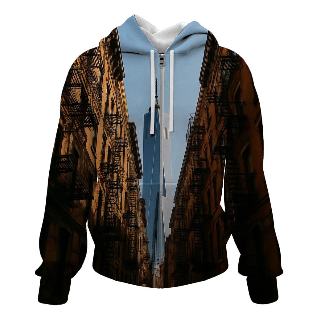 Lower East Side Tenement Canyon With Skyline Slice printed hoodies
