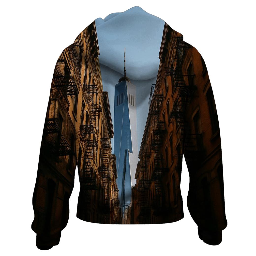 Lower East Side Tenement Canyon With Skyline Slice printed hoodies