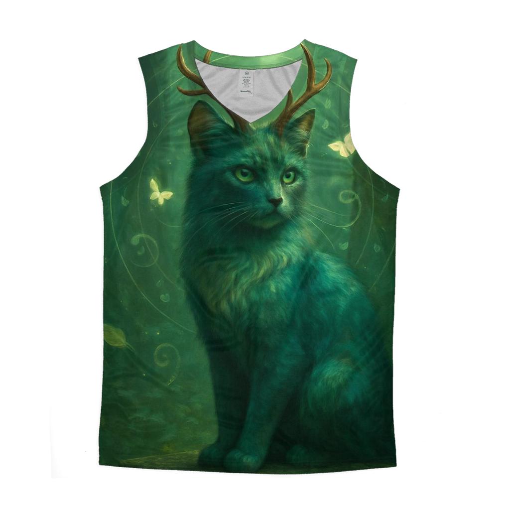 Forest Spirit Antlered Cat graphic print tank tops